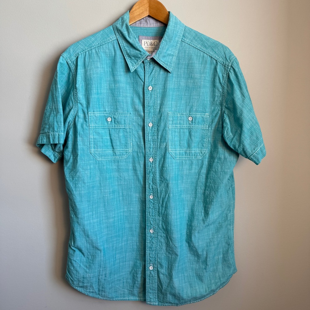 PD&C Short Sleeve‎ Button Down Shirt Teal Blue Slub Cotton Mens Large Preppy